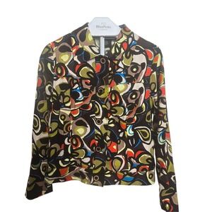 RQT Abstract Print Jacket S Linen Women's Rayon Button Front Art Teacher Retro